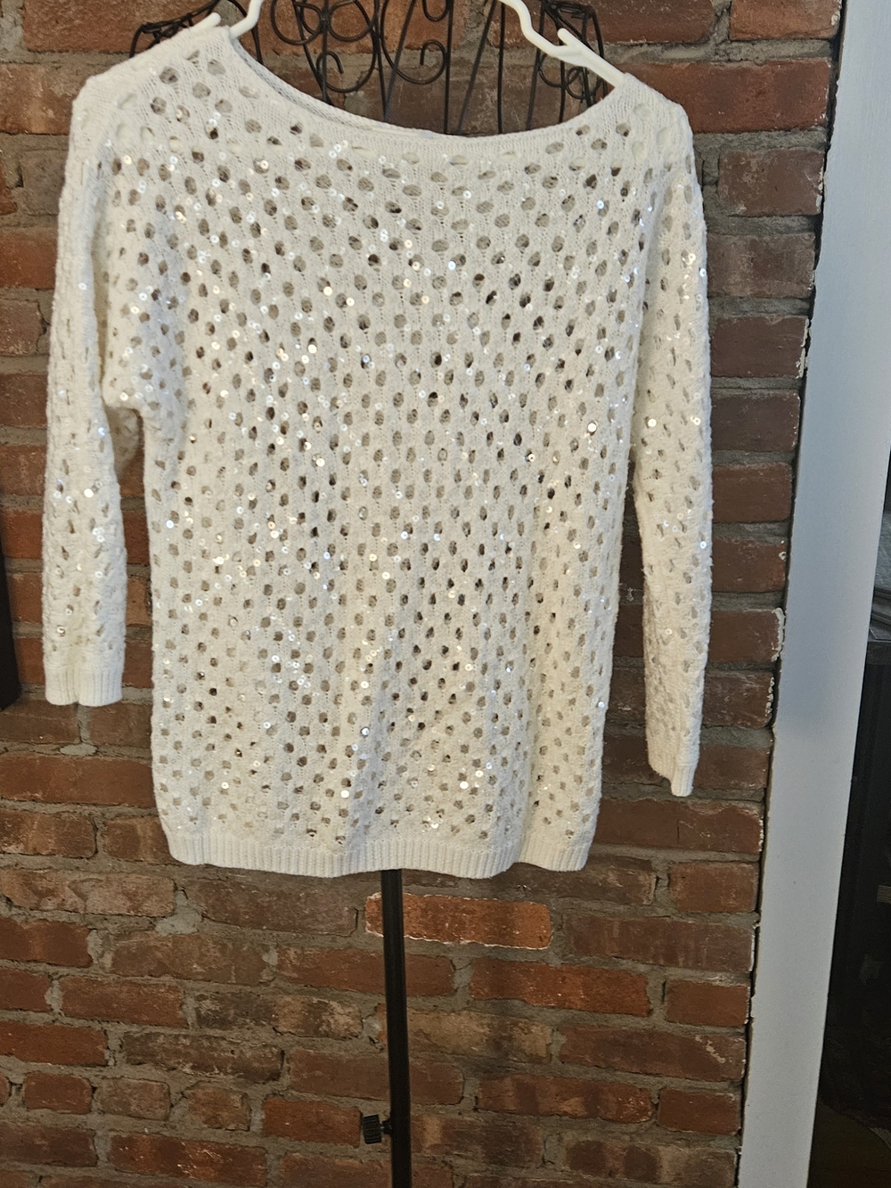 Chico's White Sequin Open-Knit Crewneck Sweater